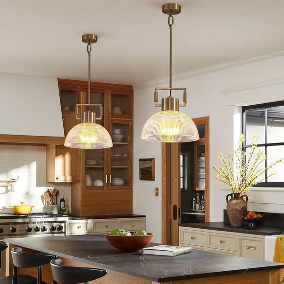 NEW 11.8" Gold Glass Pendant Light Modern Vintage Fluted Dome Shade - Picture 5 of 5